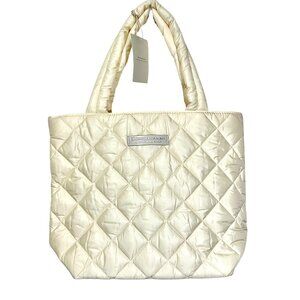 DONNA KARAN CASHMERE MIST QUILTED TOTE BAG IVORY NYLON SATIN PUFFER LARGE